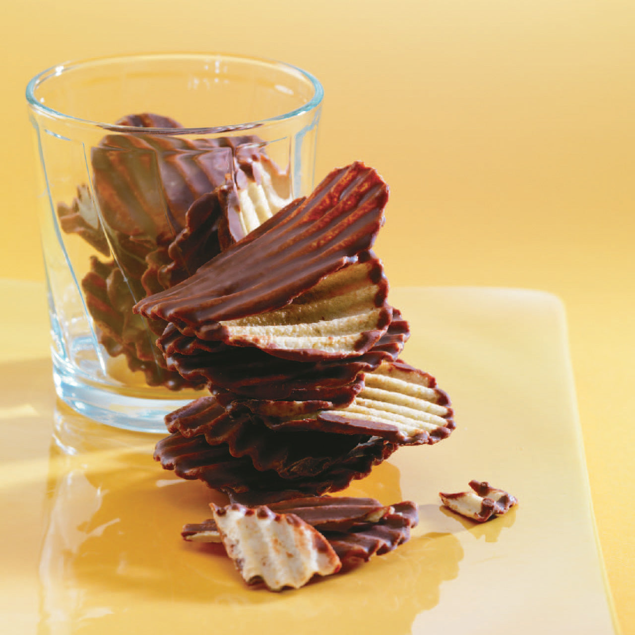 Image shows Potatochip Chocolates on a plate and glass with yellow background.