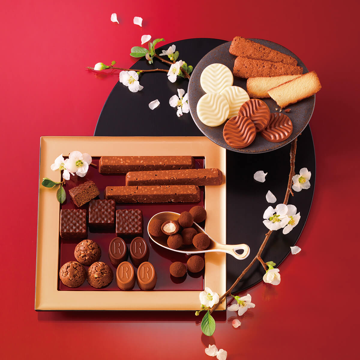 Assorted chocolates and biscuits on gold-rimmed tray and dark plate, interwoven with white blossoms, featuring truffles, pralines, and chocolate-dipped biscuits.