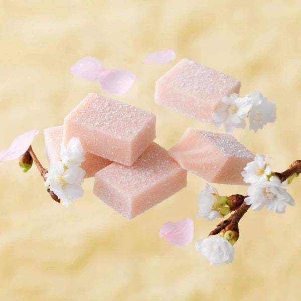 Pale-pink, sugar-coated rectangular Namas, surrounded by delicate white cherry-blossom blooms, suggesting sakura-flavored sweets.