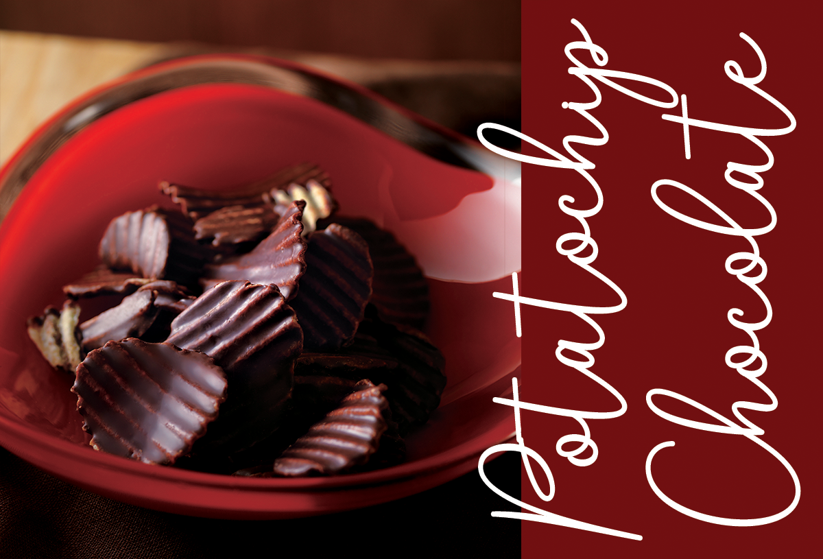 Red bowl filled with ridged potato chips coated in dark chocolate; stylized text on the right reads “Potato chips + Chocolate.”