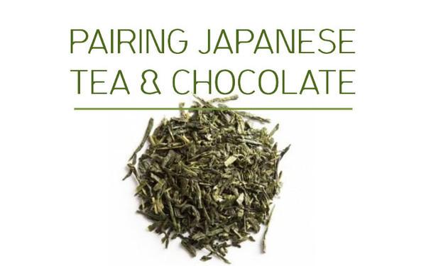 Promotional image with the text “PAIRING JAPANESE TEA & CHOCOLATE” above a small mound of loose‐leaf green tea, likely sencha.