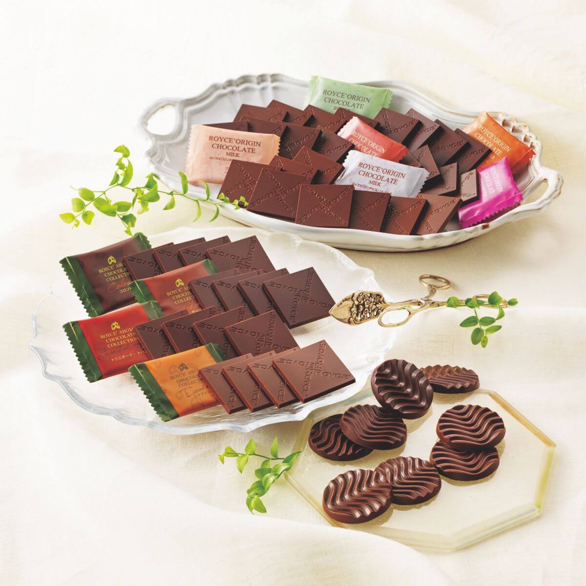 Assorted chocolate squares and discs on a decorative tray with a white background. Accents include some leaves.