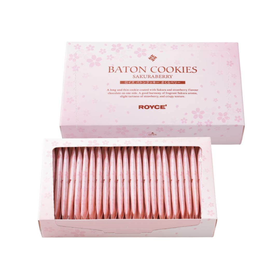 Image shows pink boxes with text saying Baton Cookies Sakuraberry. ROYCE'. 