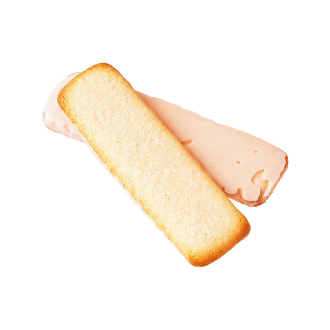 Image shows baton-shaped cookies in yellow and pink.