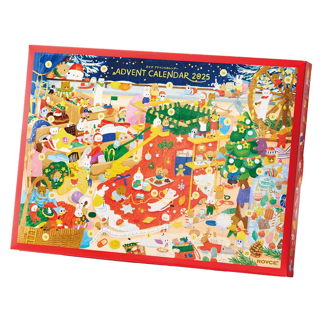 ROYCE' Chocolate - Advent Calendar - Image shows an Advent Calendar with illustrations of animals and elves working on big socks in a holiday factory. Text says Advent Calendar 2025. Background is in white.