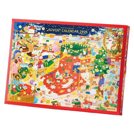 ROYCE' Chocolate - Advent Calendar - Image shows an Advent Calendar with illustrations of animals and elves working on big socks in a holiday factory. Text says Advent Calendar 2025. Background is in white.