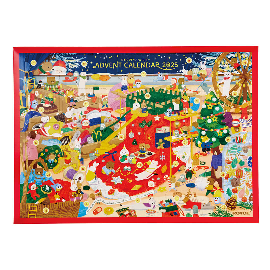 ROYCE' Chocolate - Advent Calendar - Image shows an Advent Calendar with illustrations of animals and elves working on big socks in a holiday factory. Text says Advent Calendar 2025. Background is in white.