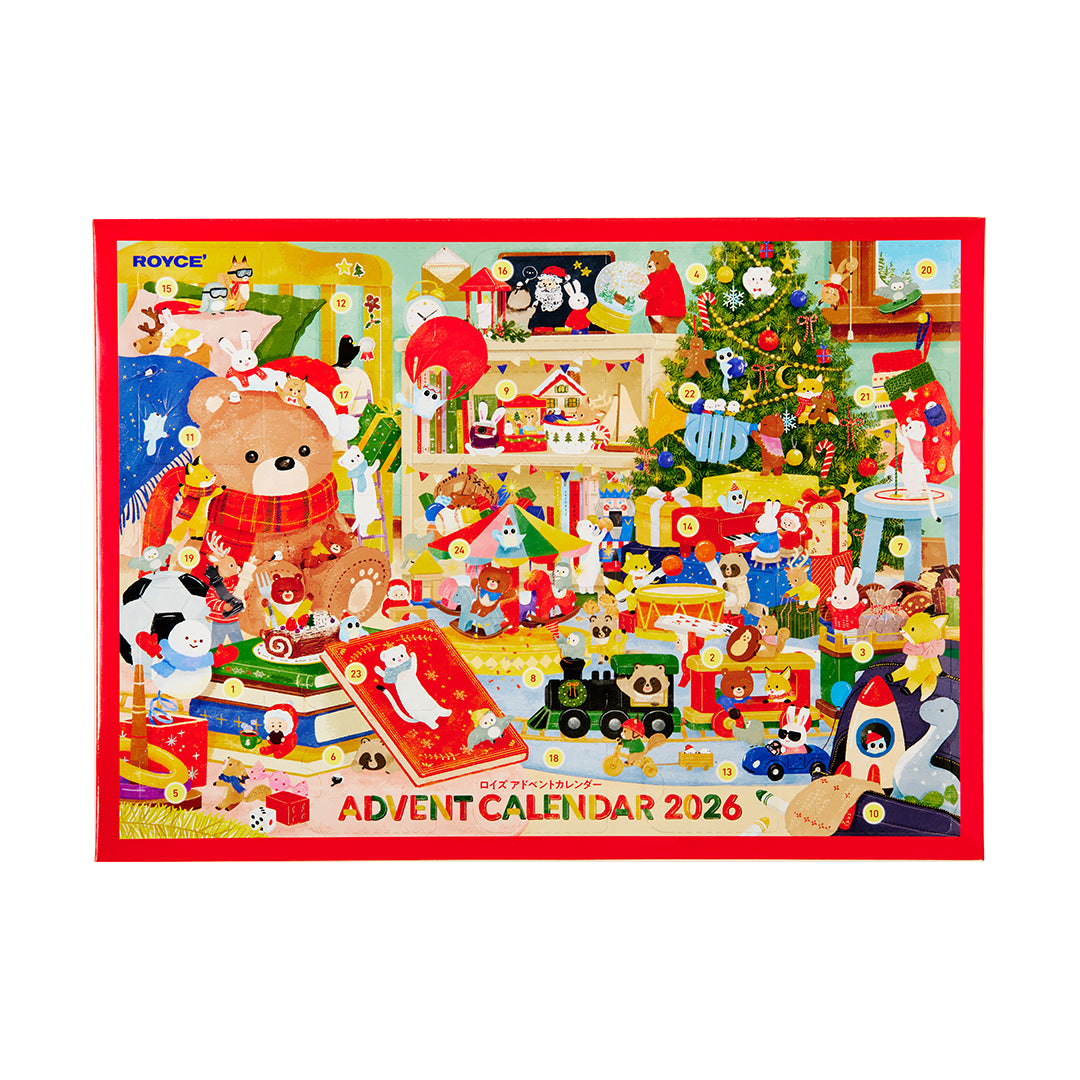 A colorful Advent Calendar by ROYCE', featuring a teddy bear, Christmas tree, toys, and festive decorations on a white background.
