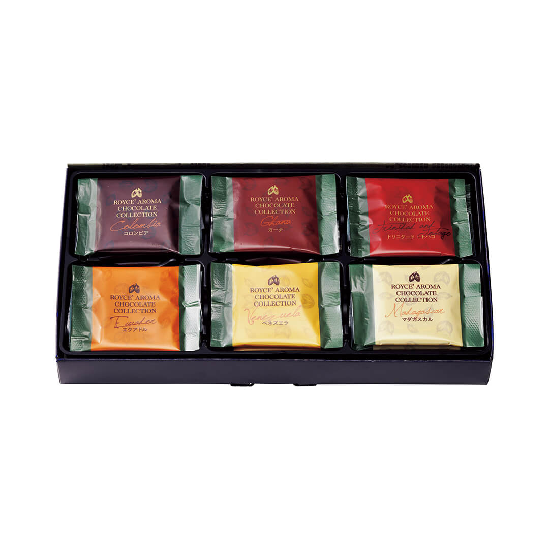 ROYCE' Chocolate - ROYCE' Aroma Chocolate Collection -  Image shows an open box with individually-wrapped chocolate squares in different colors.