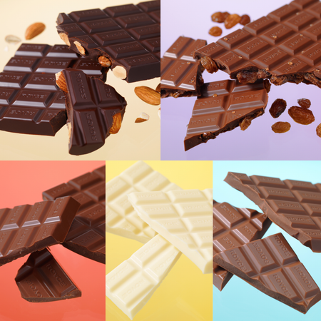 ROYCE' Chocolate - ROYCE' Chocolate Bar Selection - Collage of various chocolate bars with different types and colors on colorful backgrounds.