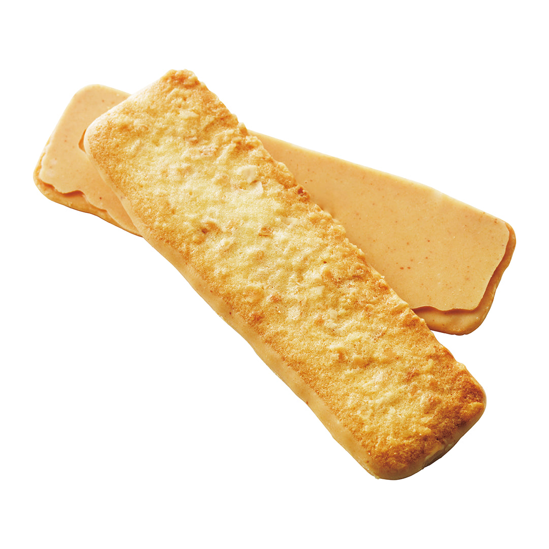 Baton Cookies "Almond" - Two rectangular golden-brown biscuits or crackers stacked diagonally on a plain white background.