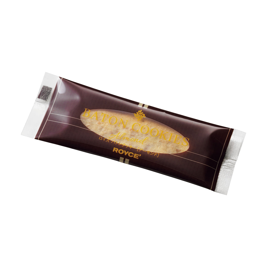Baton Cookies "Almond" - A single packaged Baton Cookies Almond cookie from ROYCE', shown diagonally on a plain white background.