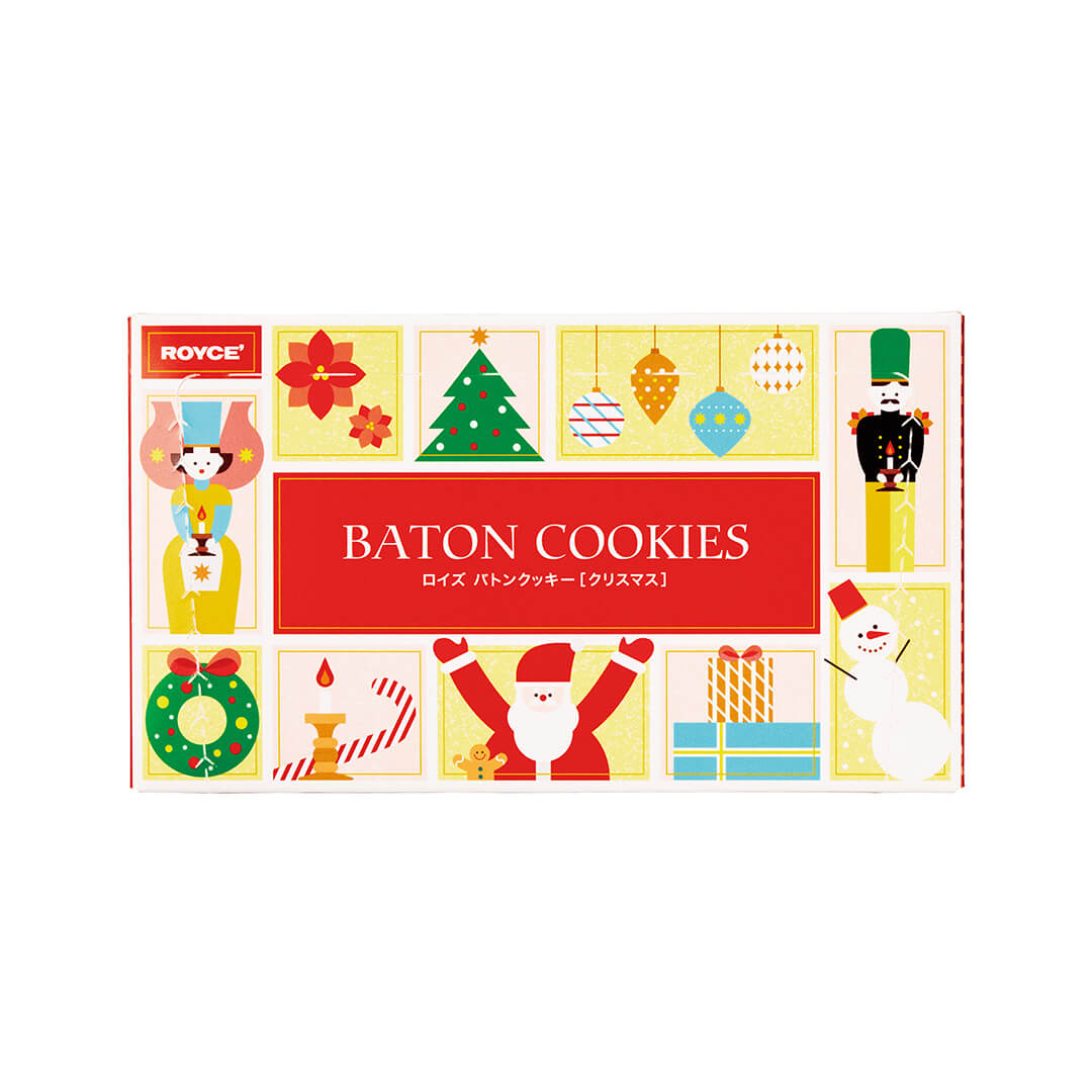 Baton Cookies Christmas box adorned with festive icons, containing individually wrapped golden coconut cookies, chocolate-coated on one side, exclusively in-store at select US boutiques.