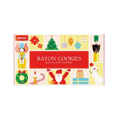 ROYCE' Chocolate - Baton Cookies "Christmas" - Image shows a printed box with various holiday illustrations. Text says ROYCE' Baton Cookies. Background is in white.