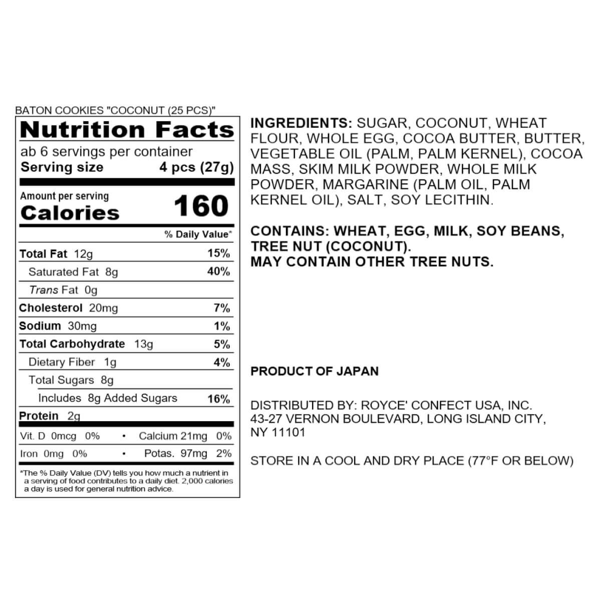 ROYCE' Chocolate - Baton Cookies "Coconut" - Nutrition Facts