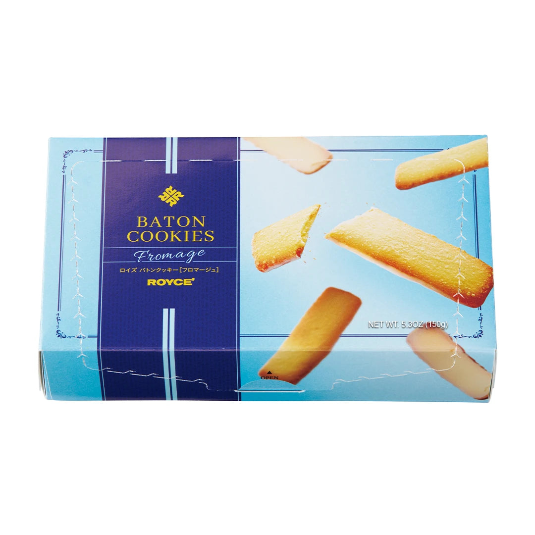 Baton Cookies Fromage featuring a blue box with pictures of cookies and with text saying Baton Cookies Fromage ROYCE' Net Wt 5.3oz (150g).
