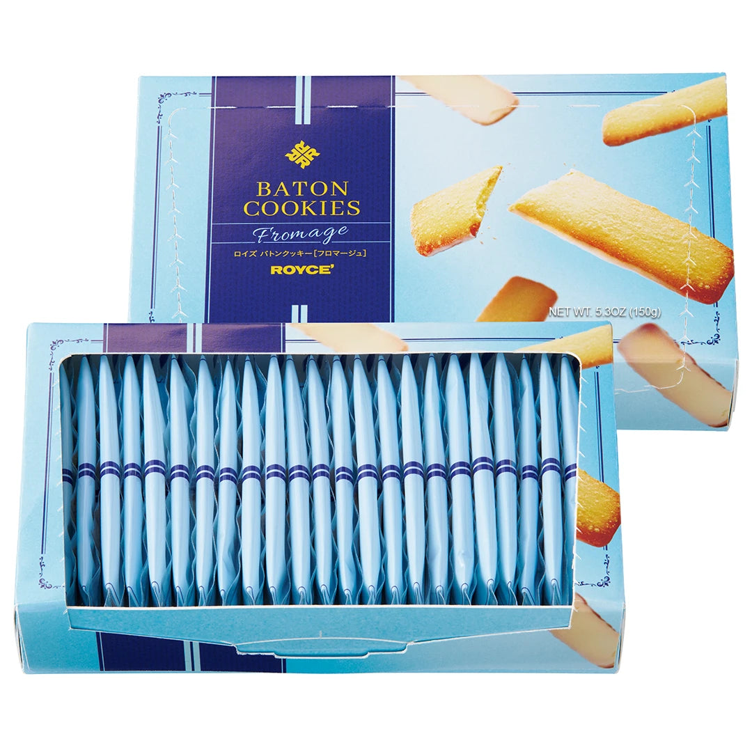 Baton Cookies Fromage featuring a blue box with pictures of cookies and with text saying Baton Cookies Fromage ROYCE' Net Wt 5.3oz (150g). Also in the image is a blue box with individually-wrapped cookies inside.