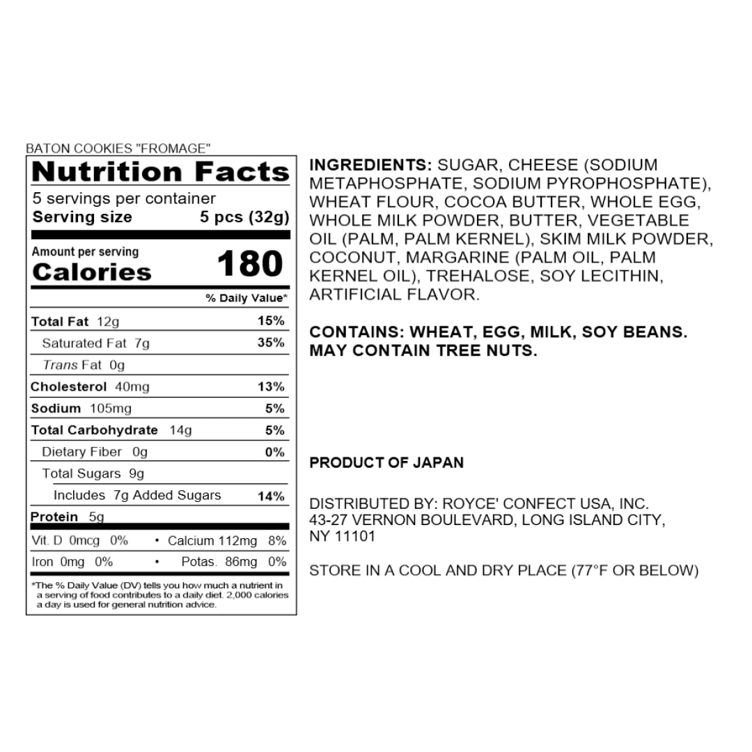 Baton Cookies Fromage label showing nutrition facts, ingredients including cheese, coconut, and white chocolate, plus allergen and storage information.