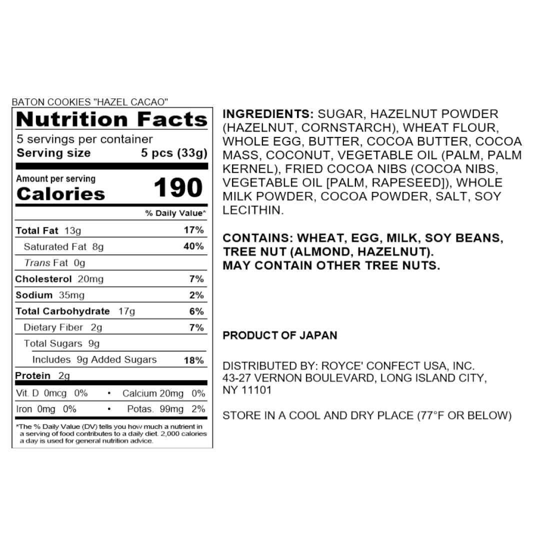 Baton Cookies Hazel Cacao label showing nutrition facts, ingredients including hazelnut, coconut, and milk chocolate, plus allergen and storage information.
