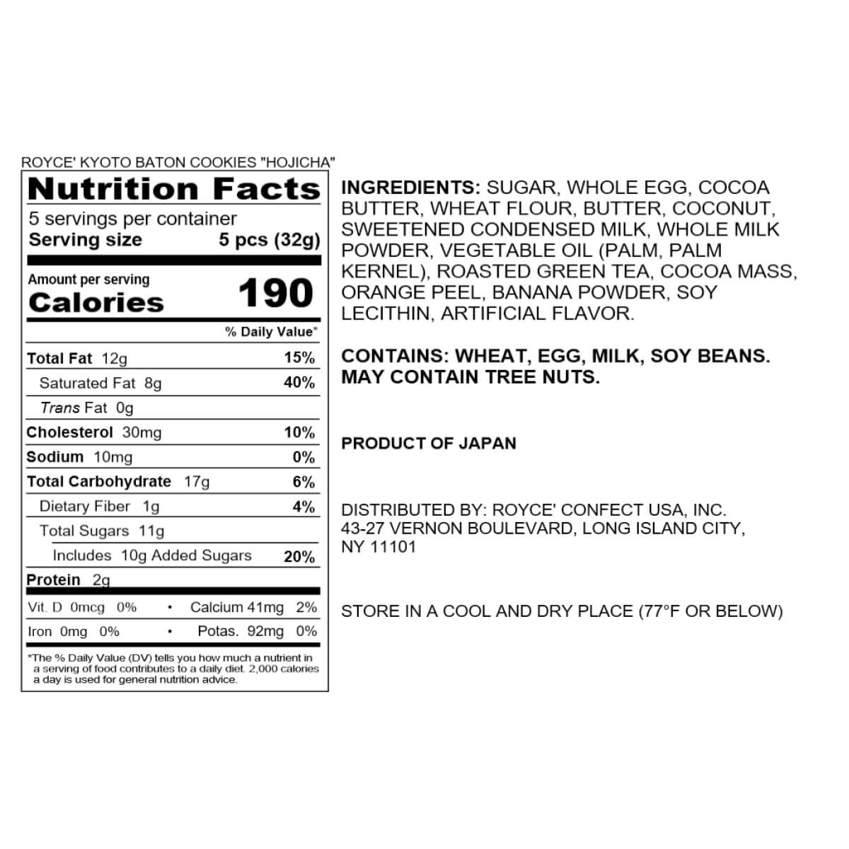 ROYCE' Kyoto Baton Cookies Hojicha nutrition label, 190 calories per 5-cookie serving. Contains wheat, egg, milk, soy, coconut. Exclusively in select ROYCE' Boutiques.