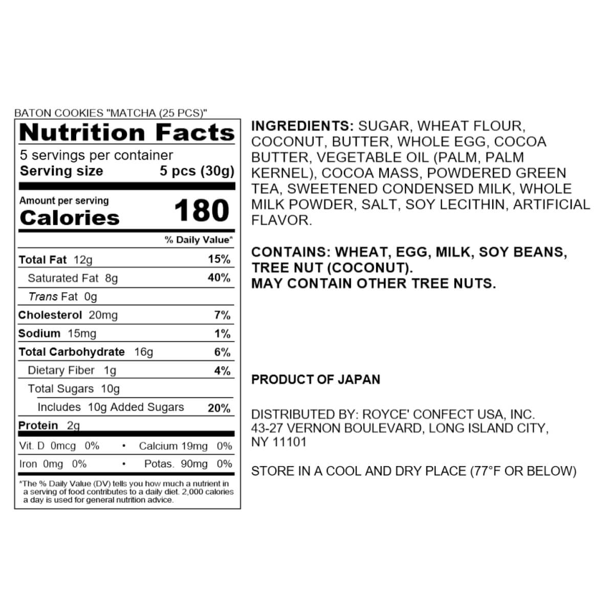 ROYCE' Chocolate - Baton Cookies "Matcha (25 Pcs)" - Nutrition Facts