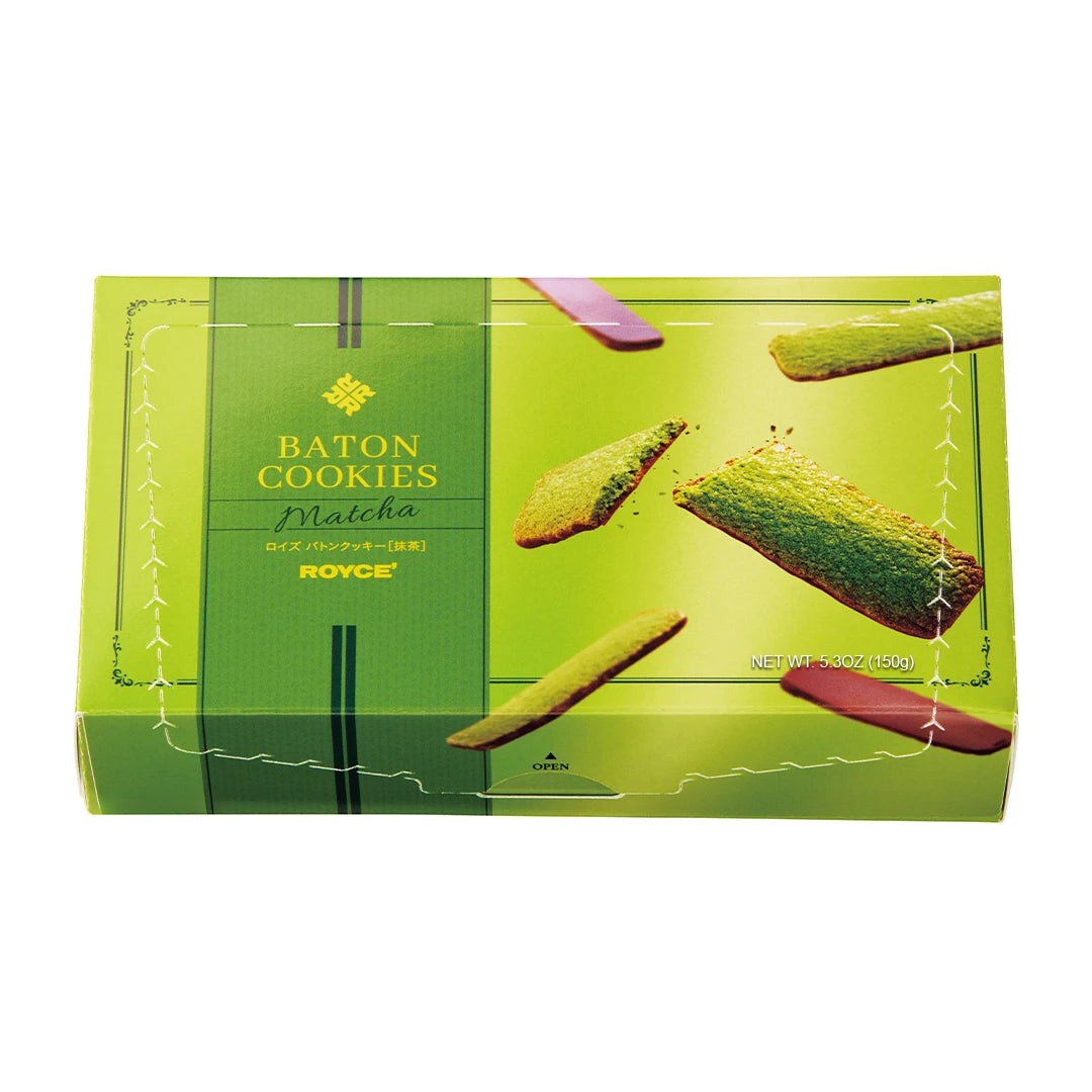 Baton Cookies Matcha featuring a green box with pictures of cookies and with text saying Baton Cookies Matcha ROYCE' Net Wt 5.3oz (150g).