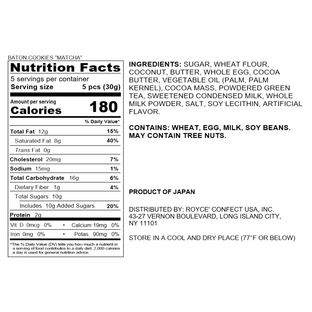 Baton Cookies Matcha label showing nutrition facts, ingredients including coconut and milk chocolate, plus allergen and storage information.