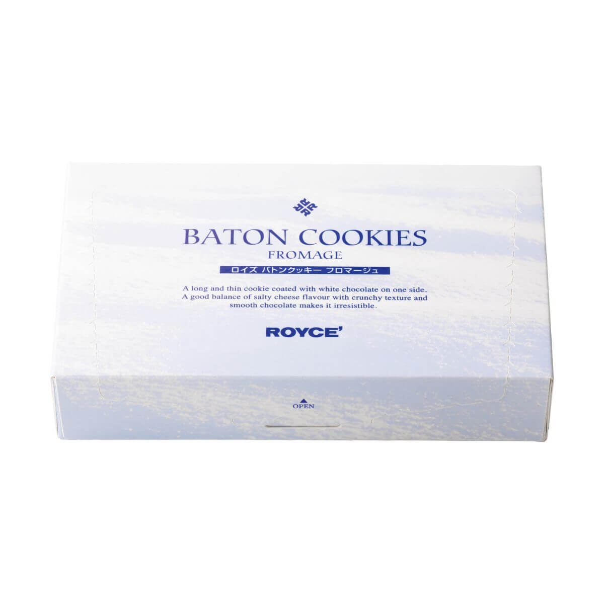 ROYCE' Chocolate - Baton Cookies "Fromage (25 Pcs)" - Image shows a light blue rectangular box. Text in middle center says Baton Cookies Fromage A long and thin cookie coated with white chocolate on one side. A good balance of salty cheese flavour with crunchy texture and smooth chocolate makes it irresistible. ROYCE'.
