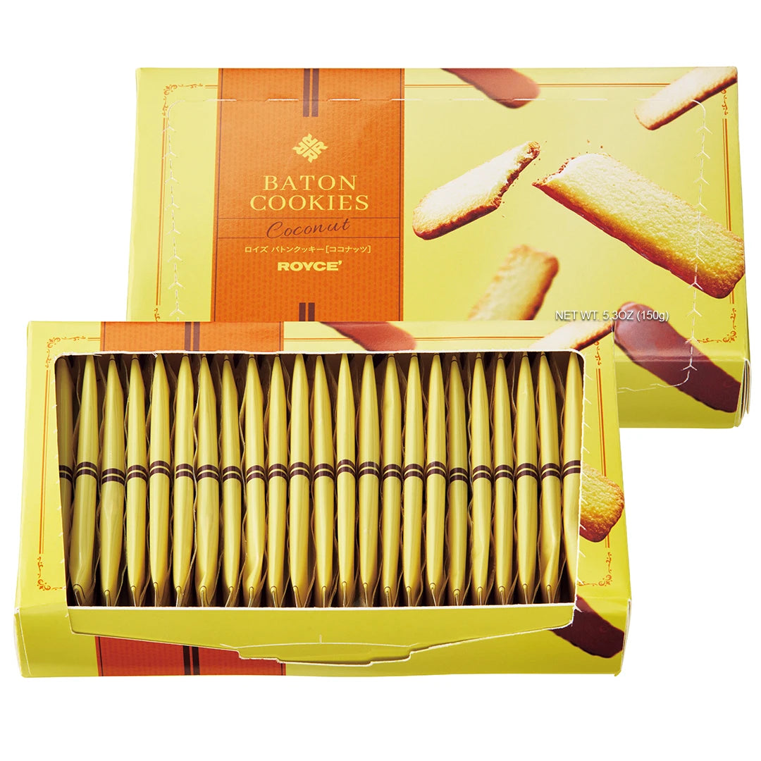 Baton Cookies Coconut featuring a yellow box with pictures of cookies and with text saying Baton Cookies Coconut ROYCE' Net Wt 5.3oz (150g). Also seen in the image is a picture of an open box with individually-wrapped cookies inside in yellow.