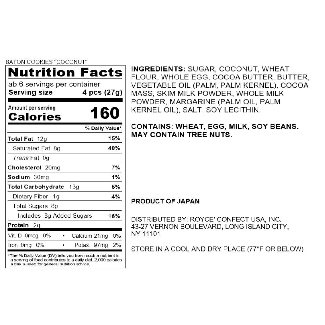 Baton Cookies Coconut label showing nutrition facts, ingredients including coconut and milk chocolate, plus allergen and storage information.