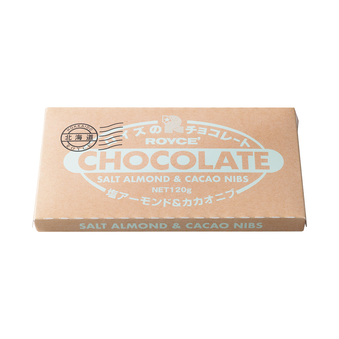 A rectangular cardboard box of Royce Chocolate Salt Almond & Cacao Nibs, 120g, on a plain white background.