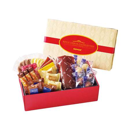 ROYCE' Chocolate - Chocolate Selection "ROYCE' Sweet Season" - Image shows two boxes with white background. Top middle right box is in nude and pink colors with text saying ROYCE' Chocolate Selection ROYCE'. Bottom middle left box shows an open red box with individually-wrapped chocolates and confections.