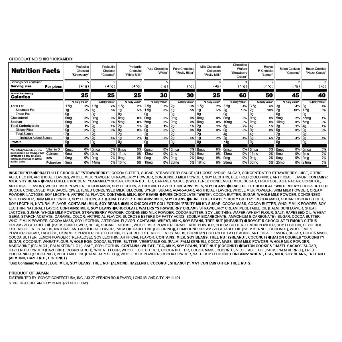 ROYCE' Chocolate - Chocolat No Shiki "Hokkaido" - Nutrition Facts