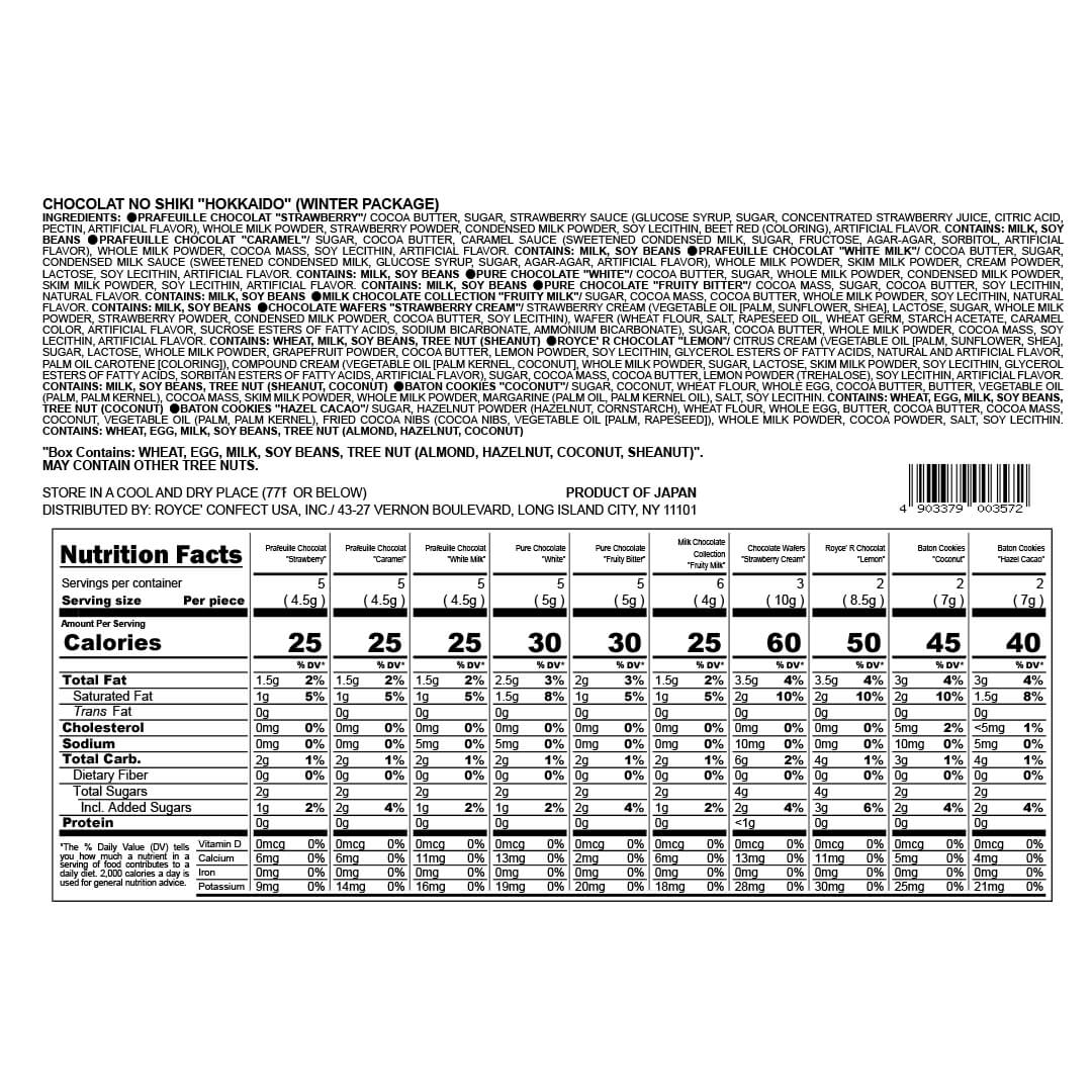 ROYCE' Chocolate - Chocolat No Shiki "Hokkaido" (Winter Package) - Nutrition Facts 2025