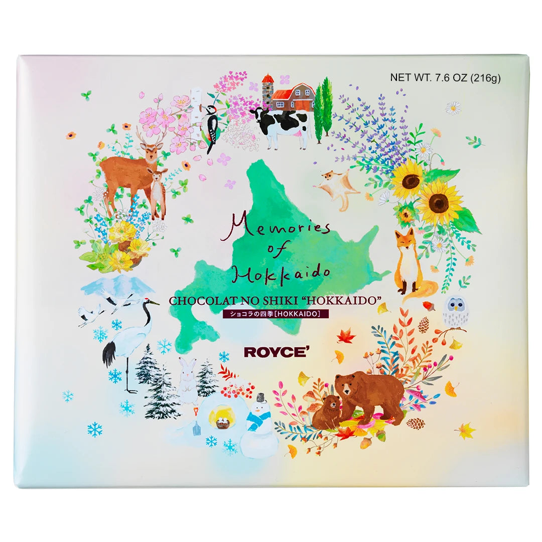 Box of ROYCE’ Chocolat no Shiki Hokkaido featuring a stylized Hokkaido map with local wildlife and flora, containing 40 assorted chocolates and confections.