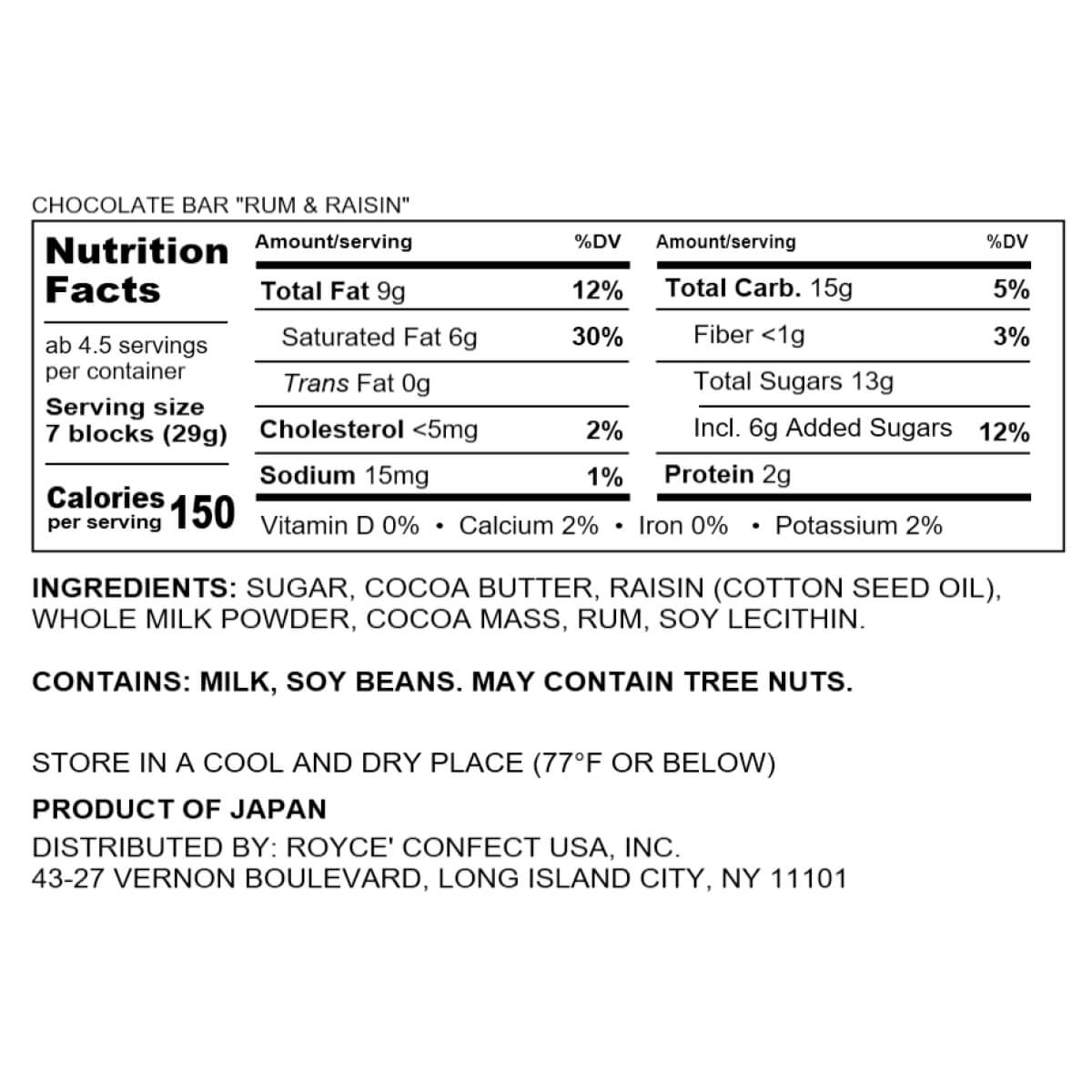 ROYCE' Chocolate - Chocolate Bar "Rum Raisin" - Nutrition Facts
