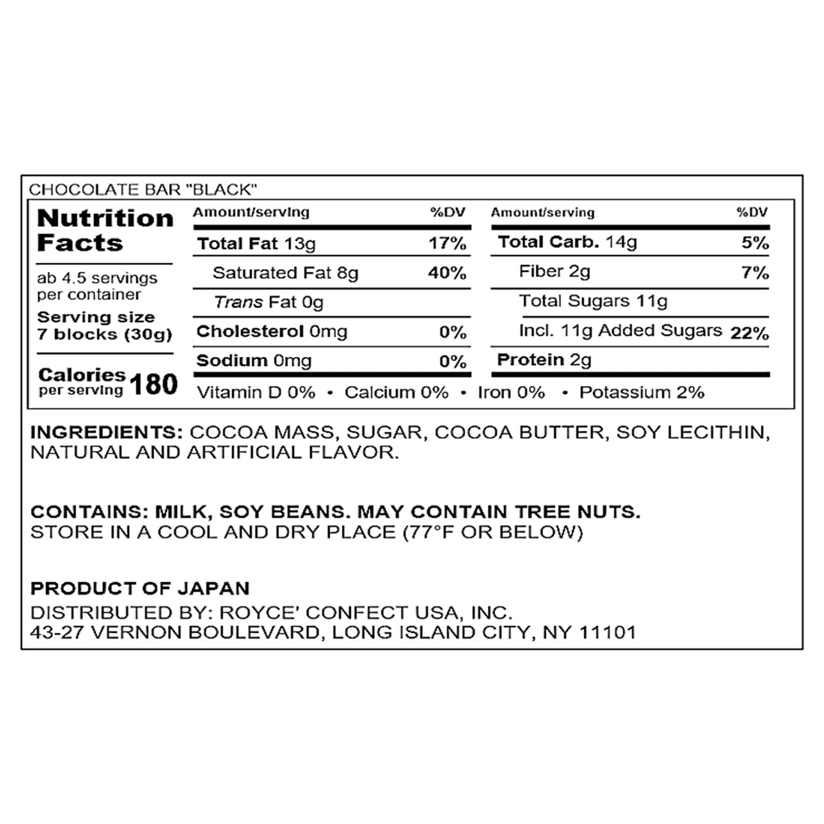 ROYCE' Chocolate - Chocolate Bar "Black" - Nutrition Facts