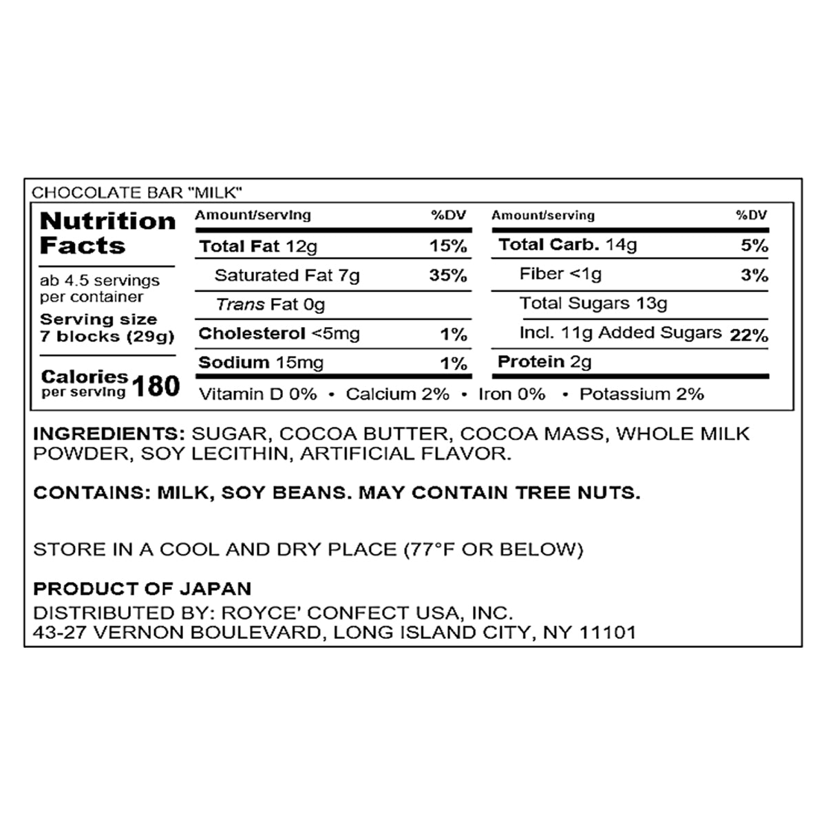 ROYCE' Chocolate - ROYCE' Bar Collection - Chocolate Bar "Milk" - Nutrition Facts