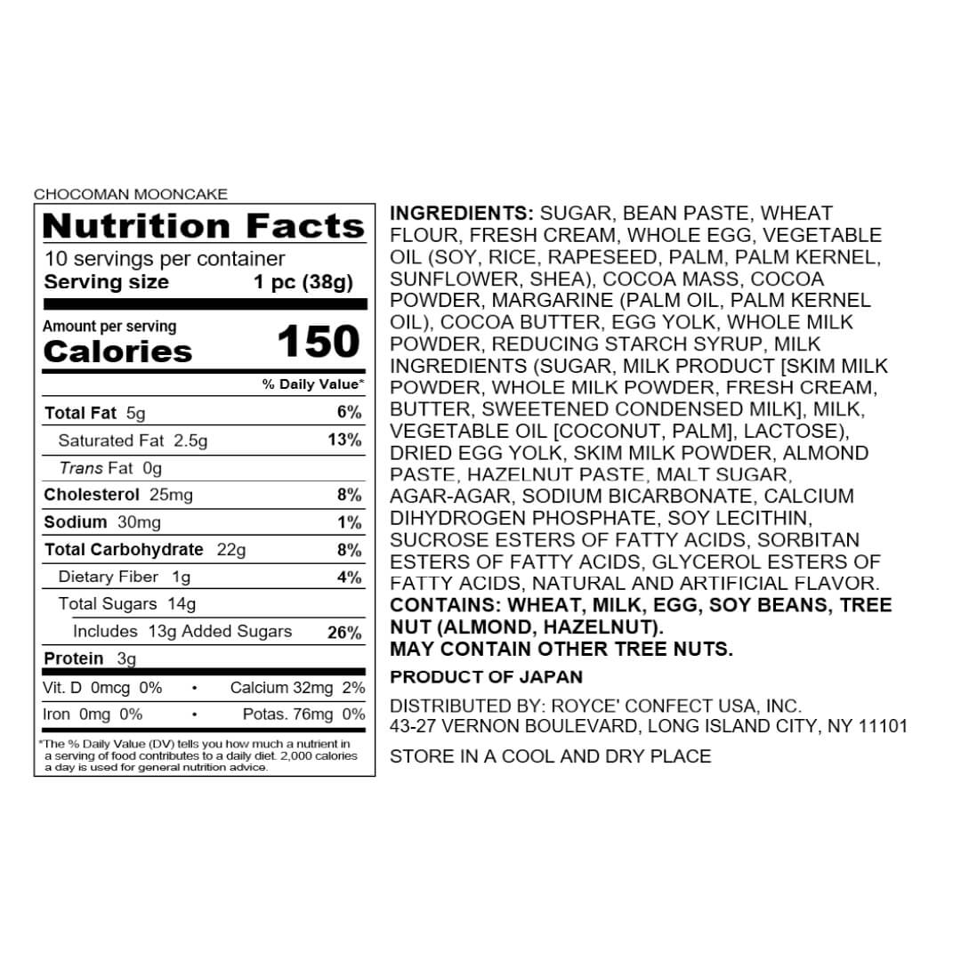 Chocoman Mooncake nutrition label detailing calories, fats, sugars, and ingredients, highlighting chocolate and bean paste filling. Allergen warnings and exclusive availability at ROYCE' Chocolate boutiques.