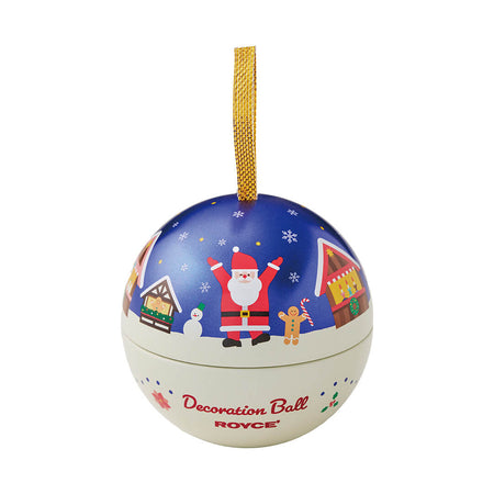 ROYCE' Chocolate - Decoration Ball "Christmas" - Image shows a decorative orb with blue and white colors and illustrations with a gold handle on top. Text in red says Decoration Ball ROYCE'. Background is in white.
