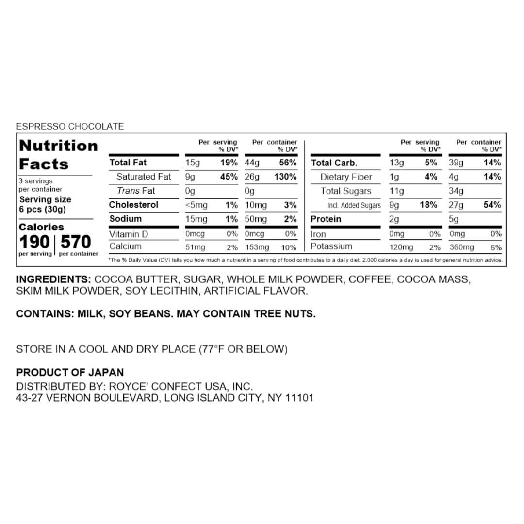 ROYCE' Chocolate - Espresso Chocolate - Nutrition Facts - 2026