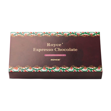ROYCE' Chocolate - Espresso Chocolate - Image shows a brown box with illustrations in green, red, and white. Text says ROYCE' Espresso Chocolate ROYCE'.