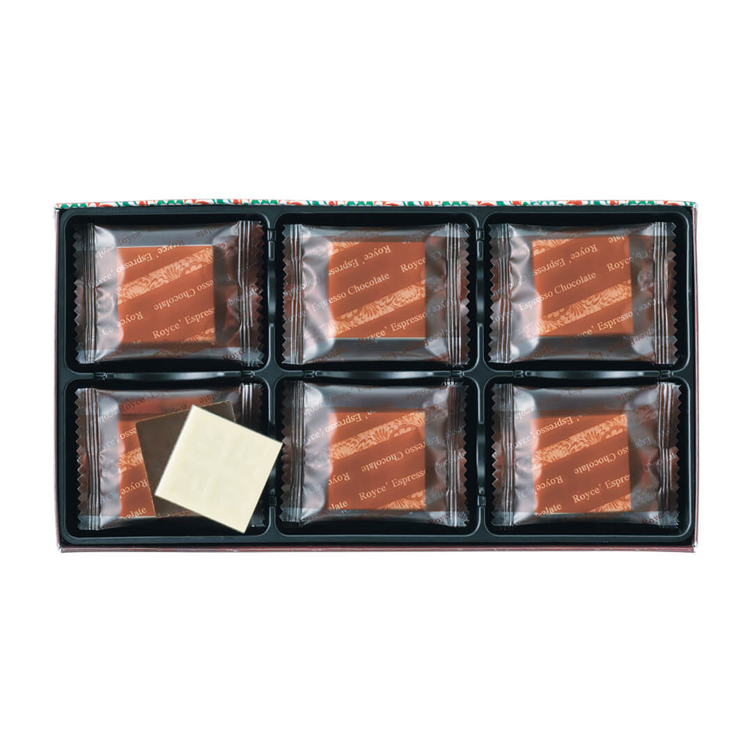 ROYCE' Chocolate - Espresso Chocolate - Image shows an open box with individually-wrapped chocolates and chocolate squares in brown and white.