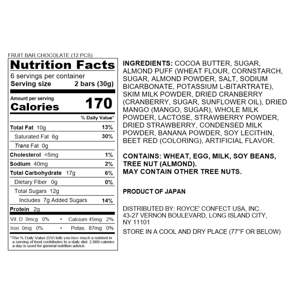ROYCE' Chocolate - ROYCE' Bar Collection - Fruit Bar Chocolate (12 Pcs) - Nutrition Facts