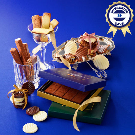 Image shows chocolates with blue background. Upper right shows gold badge with text saying Subscribe & Save.