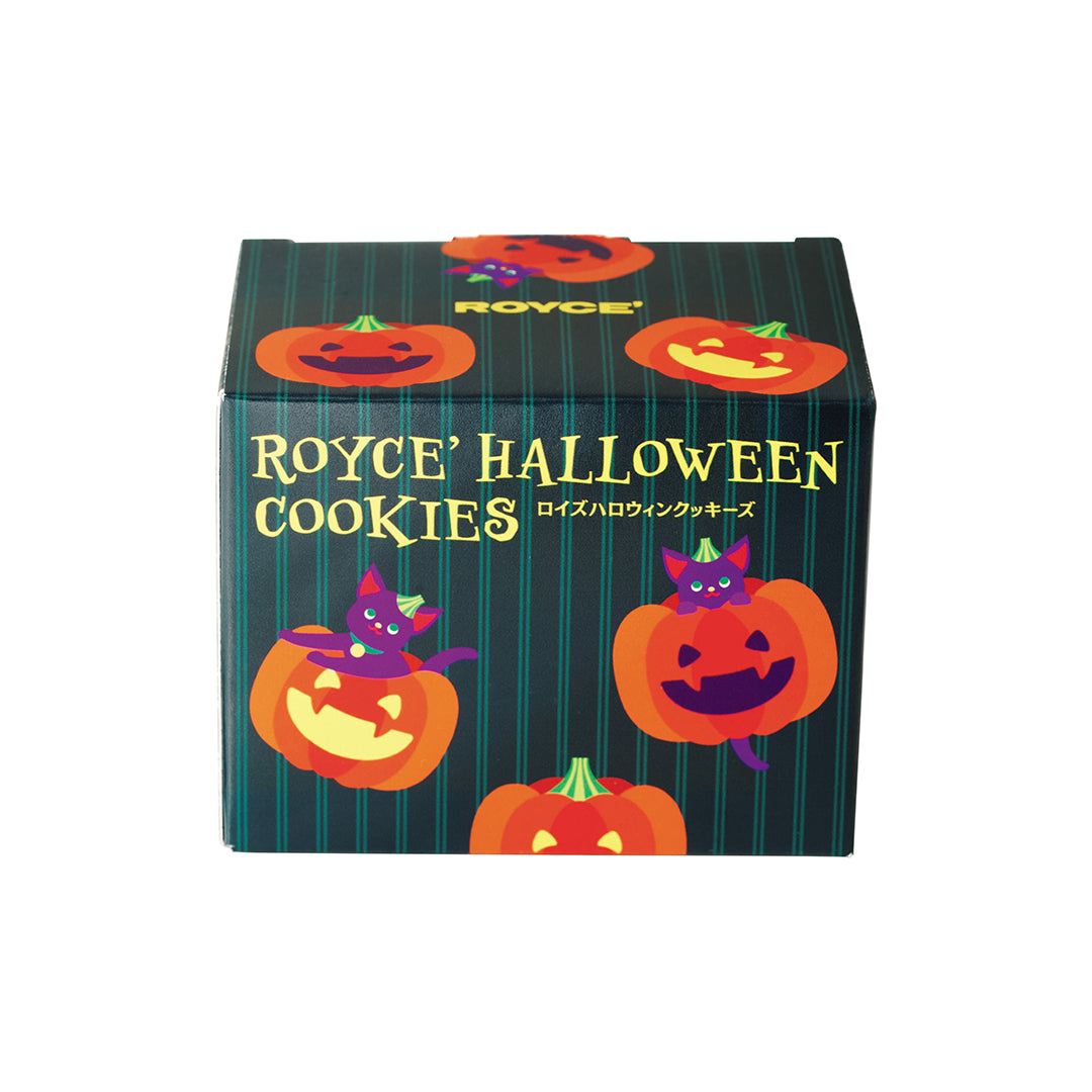 ROYCE' Halloween Cookies (5 Pcs) - Image shows a printed box in dark green and with illustrations of pumpkins. Text says ROYCE' Halloween Cookies. Background is in white.