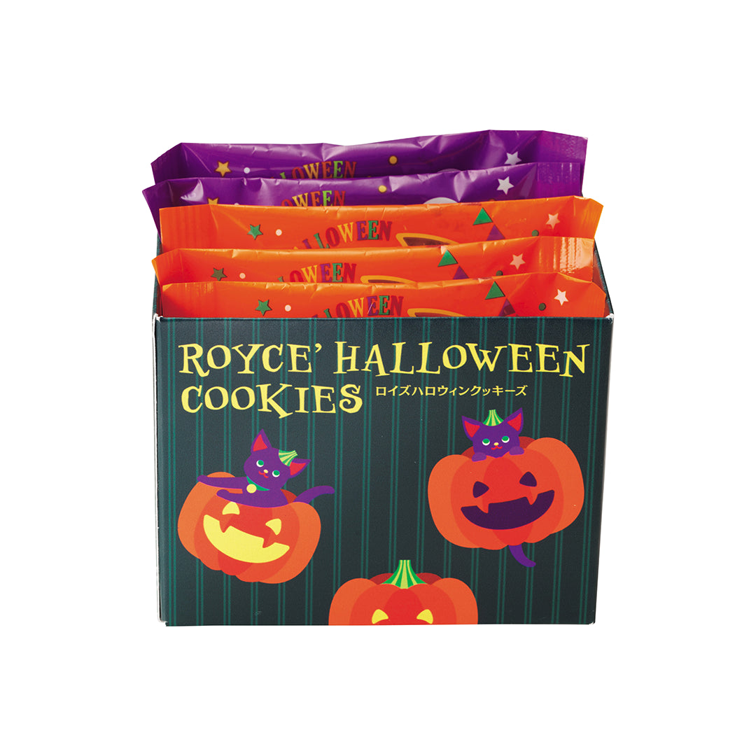 ROYCE' Halloween Cookies (5 Pcs) - A box of ROYCE' Halloween Cookies featuring orange and purple individually wrapped cookies visible at the top, with a dark green striped box decorated with cartoon pumpkins and cats.