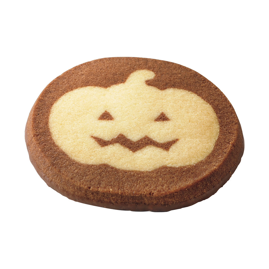 ROYCE' Halloween Cookies (5 Pcs) - A round pumpkin-shaped cookie with a dark brown border and a pale cream center featuring a jack-o'-lantern face, shown on a plain white background.