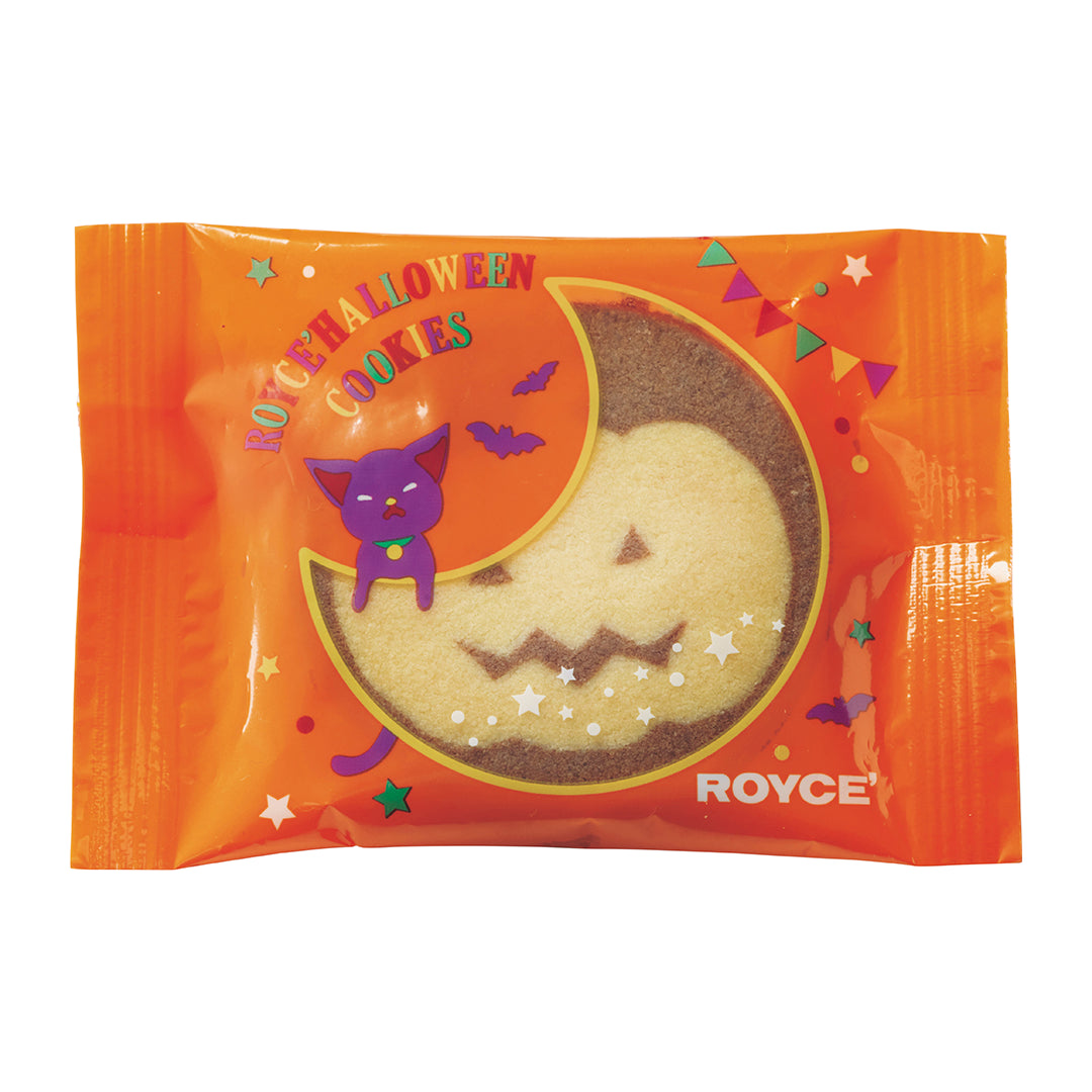 ROYCE' Halloween Cookies (5 Pcs) - A packaged ROYCE' Halloween cookie on an orange bag with a jack-o'-lantern moon cookie visible through a clear window, plus a purple cat illustration and colorful decorative accents.