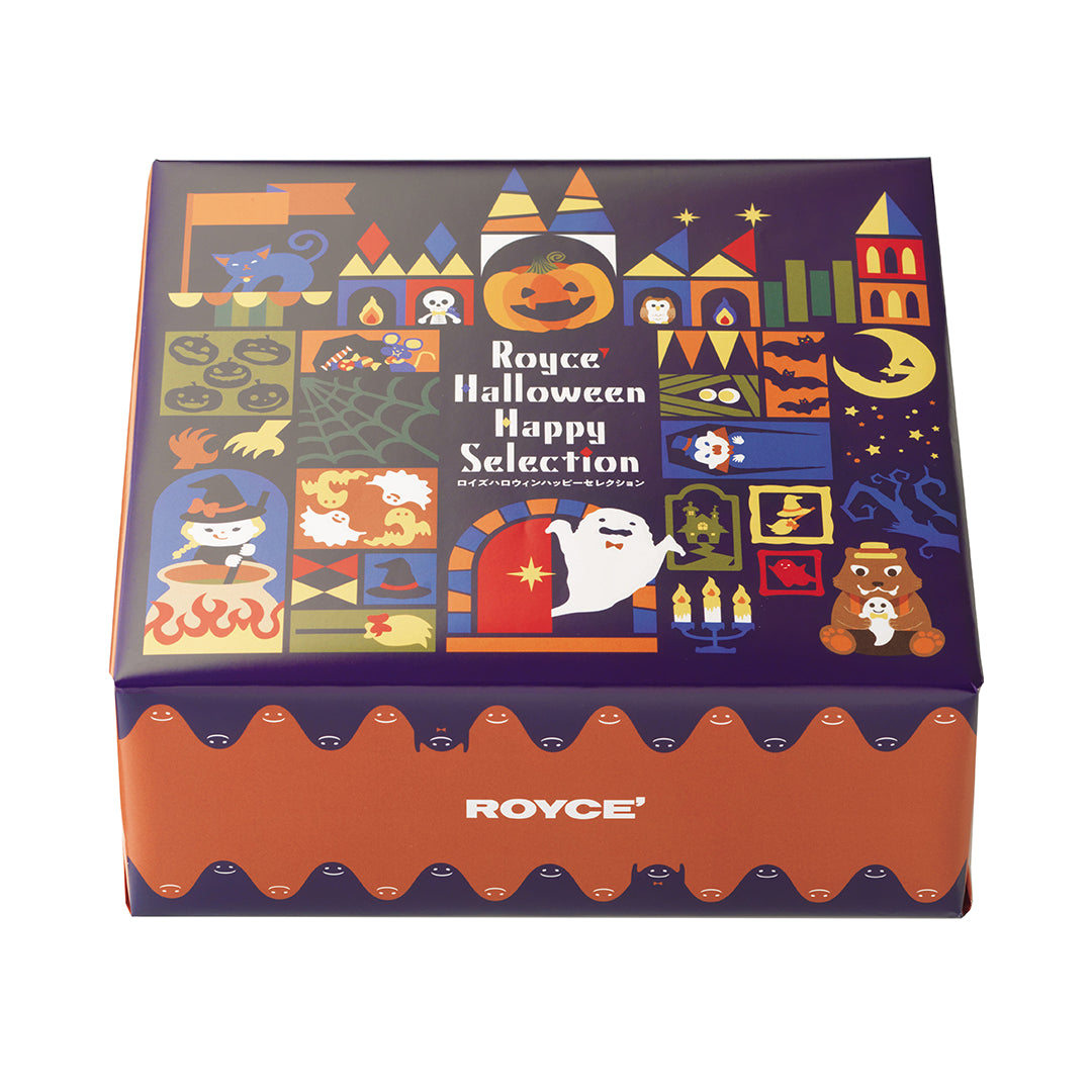 ROYCE' Halloween Happy Selection - A square-shaped printed box with illustrations of ghosts and monsters. Text says ROYCE' Halloween Happy Selection ROYCE'.